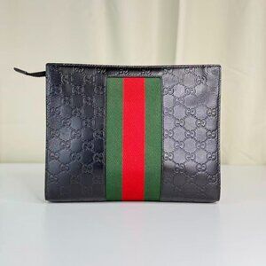 Gucci Black Leather GG Logo Printed Clutch with Red & Green Stripes Elegant